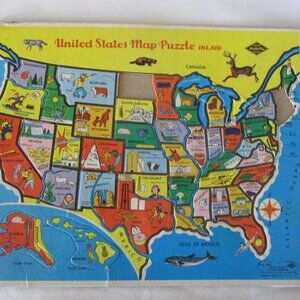 vintage 1950's Warren Frame Tray Puzzle: United States Map Inlaid